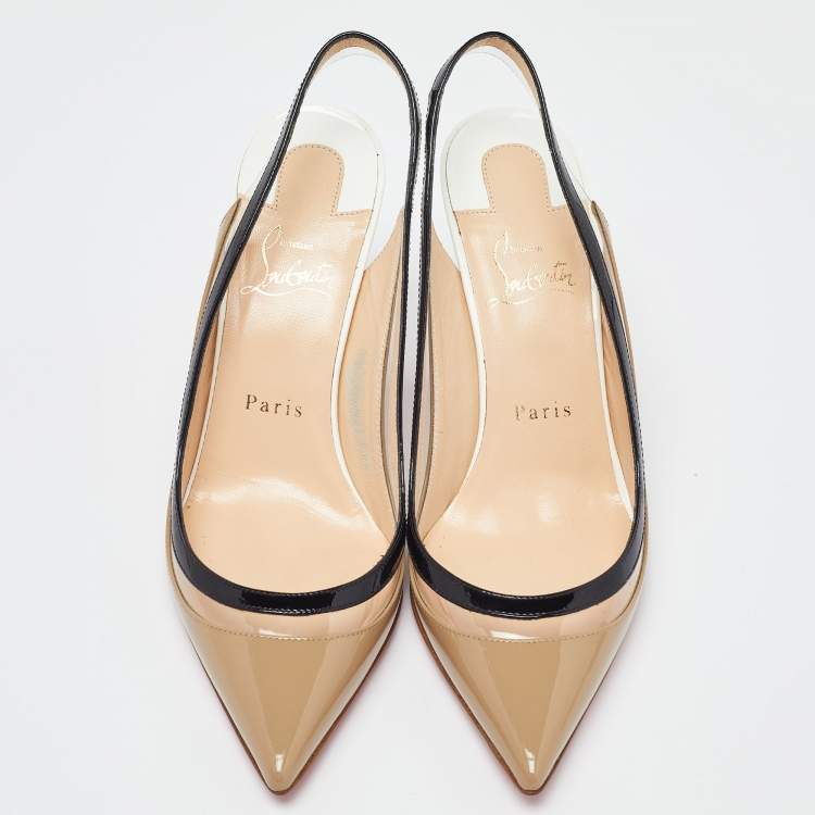 Pre Owned Christian Louboutin Tricolor Patent Leather and PVC Paulina Slingback Pumps Size 37.5