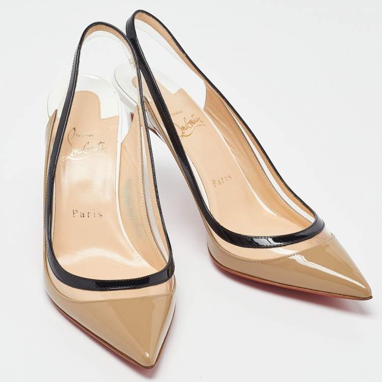 Pre Owned Christian Louboutin Tricolor Patent Leather and PVC Paulina Slingback Pumps Size 37.5