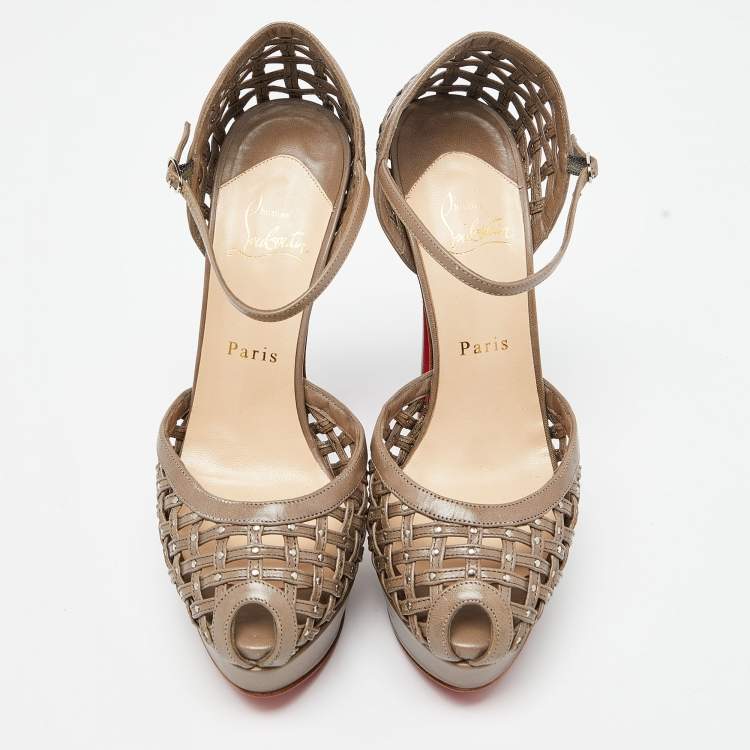 Pre Owned Christian Louboutin Grey Leather Mrs Caged Platform Sandals Size 39