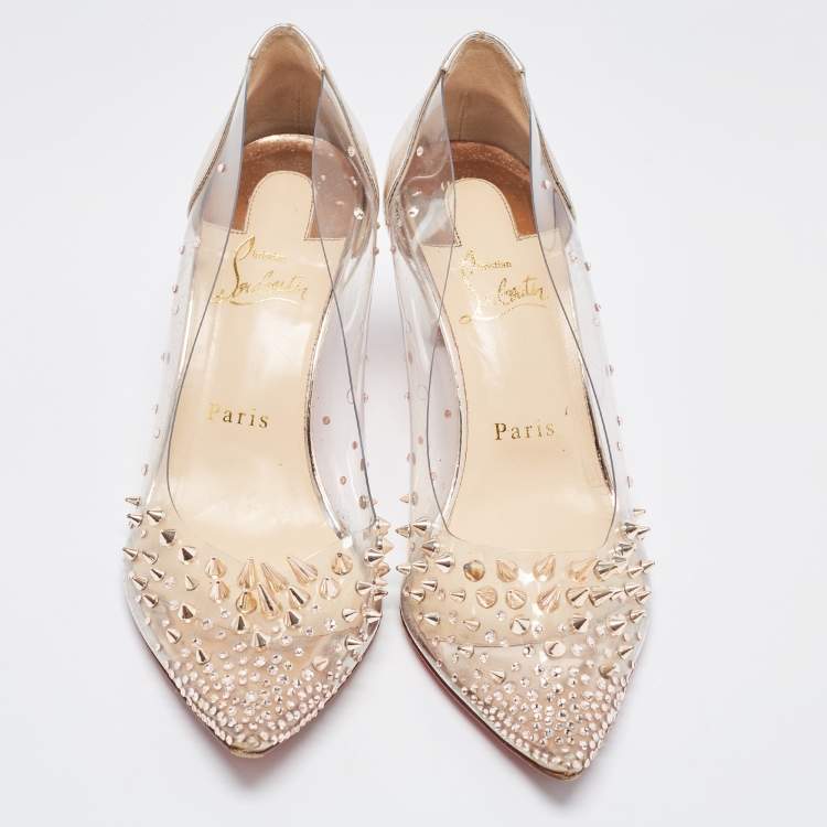 Pre Owned Christian Louboutin Metallic Leather and PVC Grotika Spiked Pumps Size 38