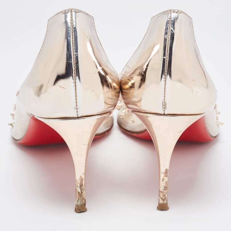 Pre Owned Christian Louboutin Metallic Leather and PVC Grotika Spiked Pumps Size 38