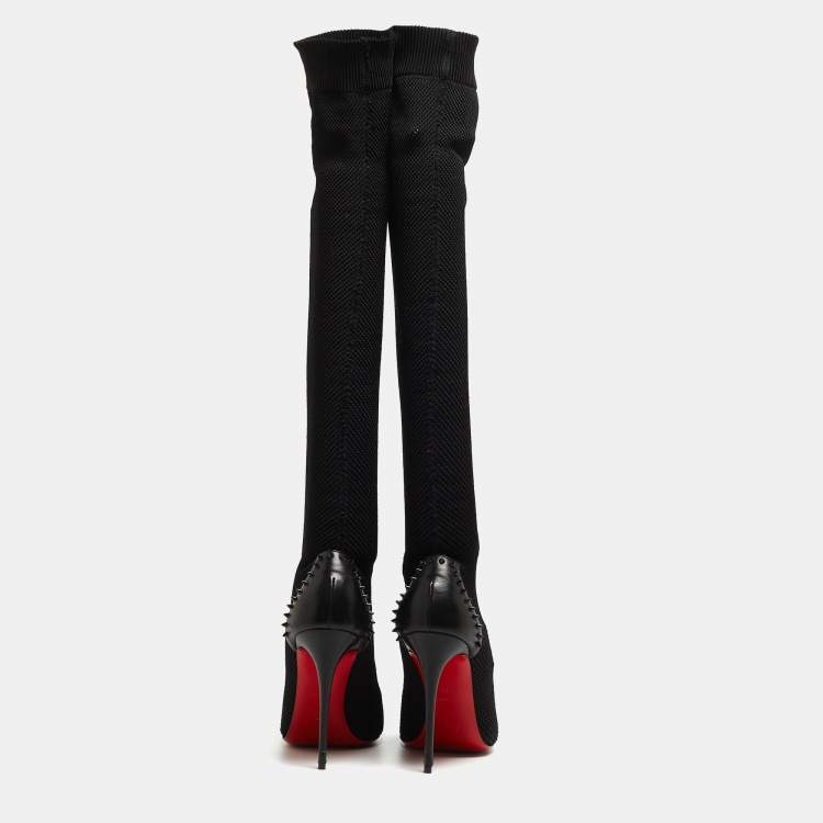 Pre Owned Christian Louboutin Black Knit Fabric and Leather Souricette Knee Length Boots Size 39
