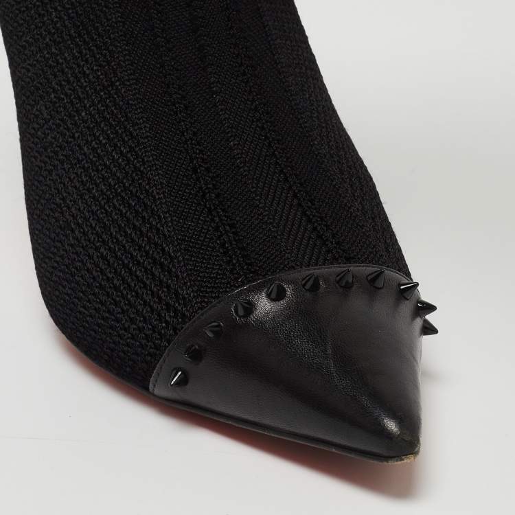 Pre Owned Christian Louboutin Black Knit Fabric and Leather Souricette Knee Length Boots Size 39