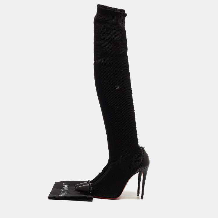 Pre Owned Christian Louboutin Black Knit Fabric and Leather Souricette Knee Length Boots Size 39