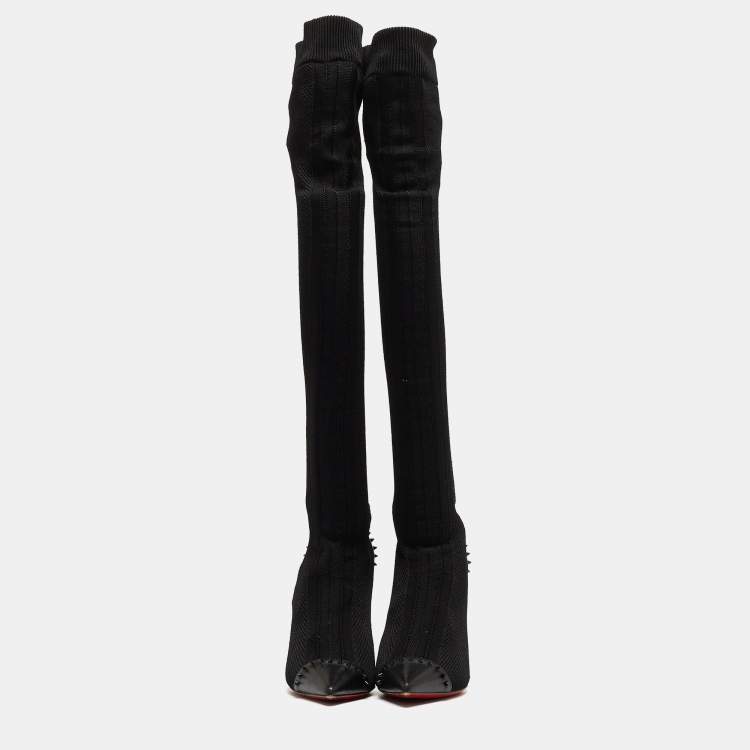 Pre Owned Christian Louboutin Black Knit Fabric and Leather Souricette Knee Length Boots Size 39