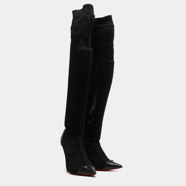Pre Owned Christian Louboutin Black Knit Fabric and Leather Souricette Knee Length Boots Size 39