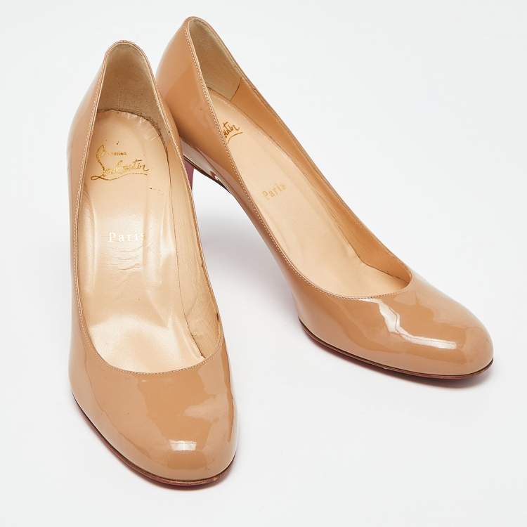 Pre Owned Christian Louboutin Beige Patent Simple Pumps Size 38.5