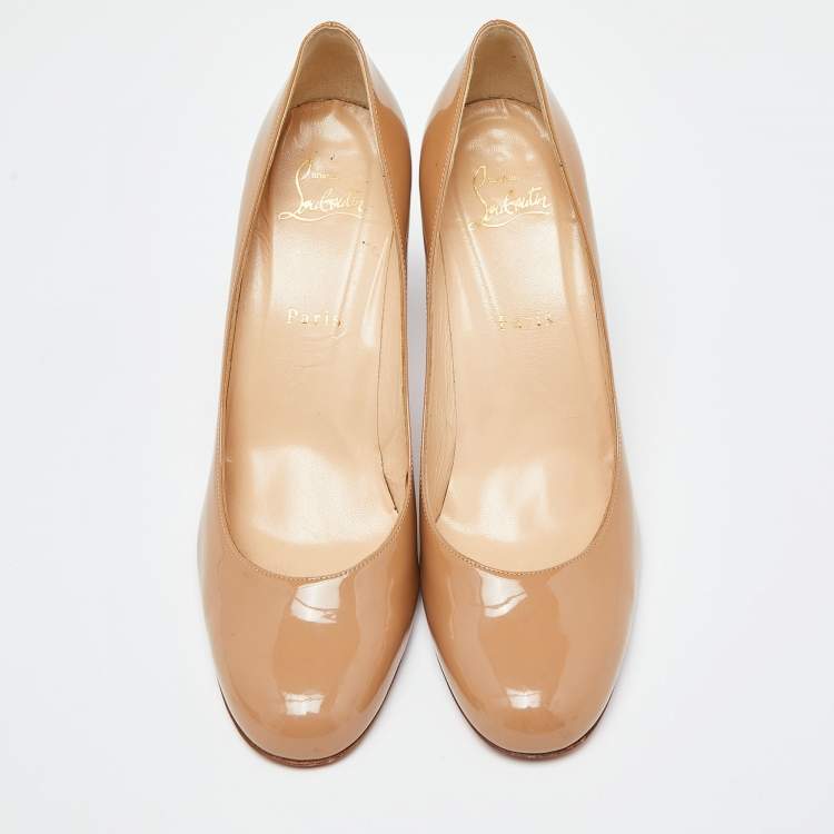 Pre Owned Christian Louboutin Beige Patent Simple Pumps Size 38.5
