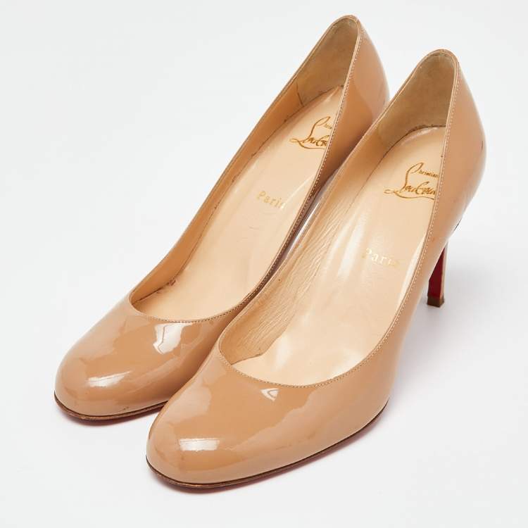 Pre Owned Christian Louboutin Beige Patent Simple Pumps Size 38.5