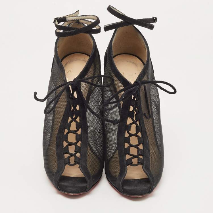 Pre Owned Christian Louboutin Black Mesh and Suede Abbesses Ankle Booties Size 36