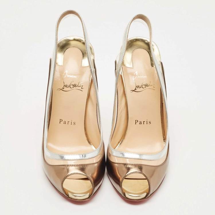 Pre Owned Christian Louboutin Tricolor Leather Paulina Peep Toe Slingback Sandals Size 37