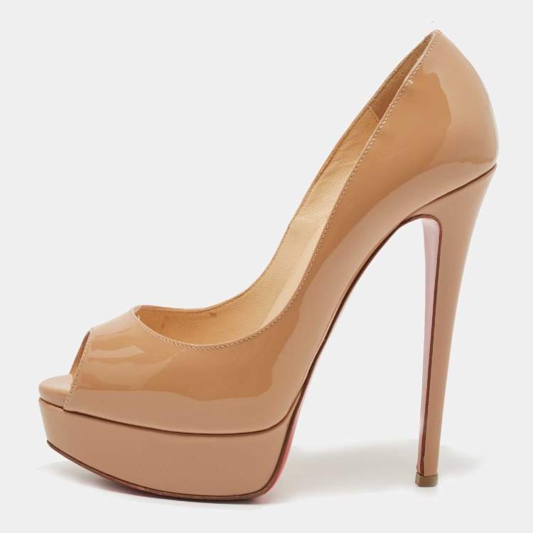 Pre Owned Christian Louboutin Beige Patent Leather Lady Peep Pumps Size 36.5