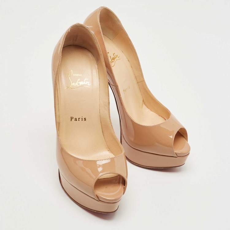 Pre Owned Christian Louboutin Beige Patent Leather Lady Peep Pumps Size 36.5