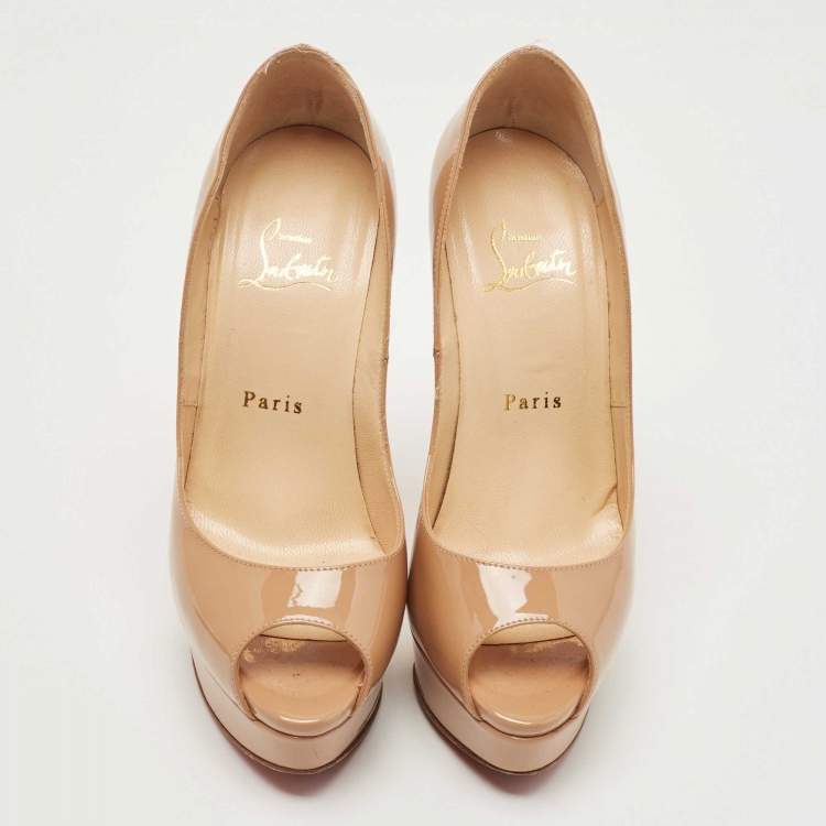 Pre Owned Christian Louboutin Beige Patent Leather Lady Peep Pumps Size 36.5
