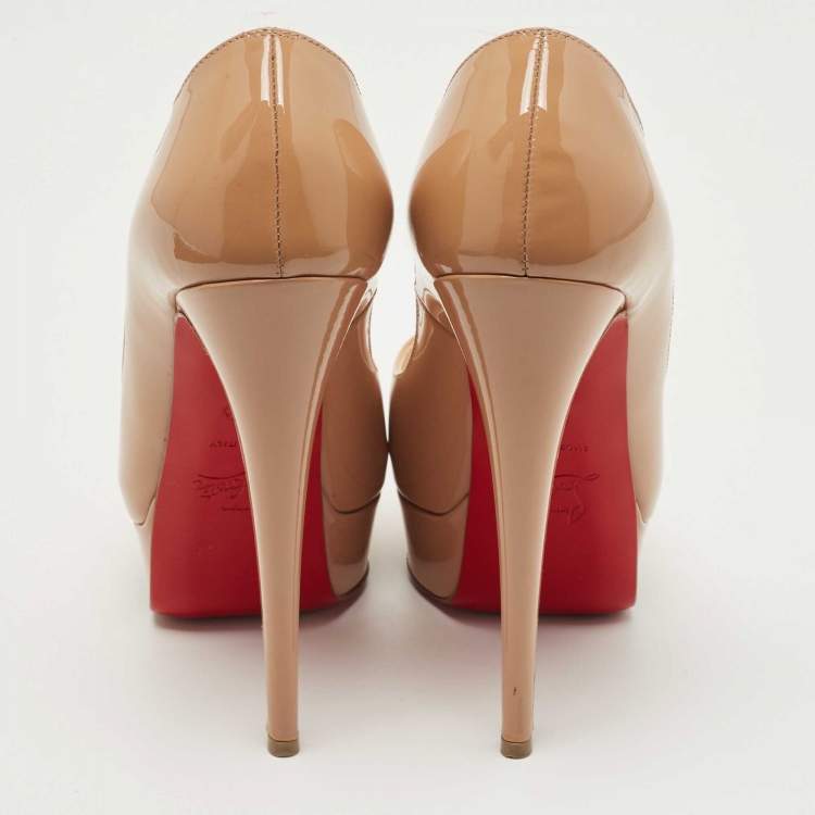 Pre Owned Christian Louboutin Beige Patent Leather Lady Peep Pumps Size 36.5