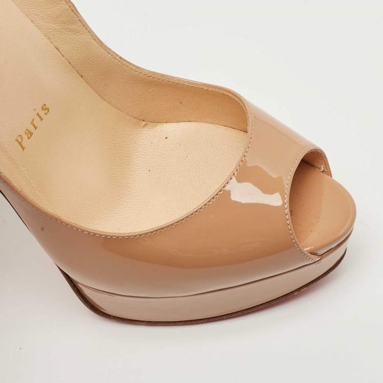 Pre Owned Christian Louboutin Beige Patent Leather Lady Peep Pumps Size 36.5