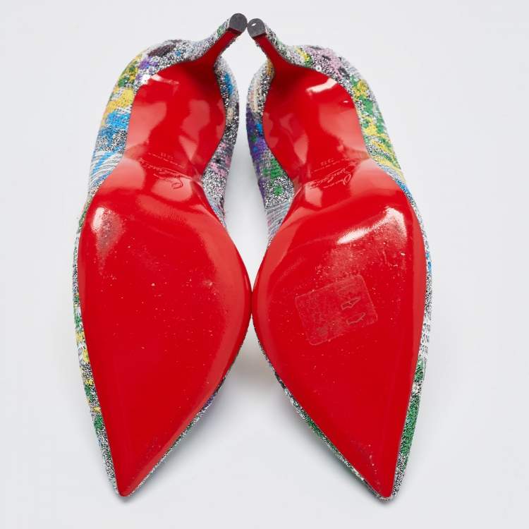 Pre Owned Christian Louboutin Multicolor Sequins and Brocade Fabric Pigalle Follies Pointed Toe Pumps Size 38