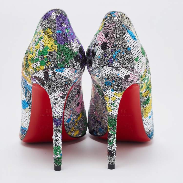 Pre Owned Christian Louboutin Multicolor Sequins and Brocade Fabric Pigalle Follies Pointed Toe Pumps Size 38