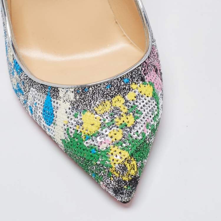 Pre Owned Christian Louboutin Multicolor Sequins and Brocade Fabric Pigalle Follies Pointed Toe Pumps Size 38