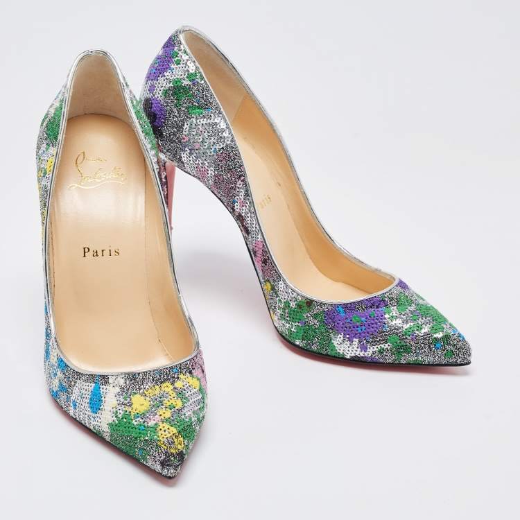 Pre Owned Christian Louboutin Multicolor Sequins and Brocade Fabric Pigalle Follies Pointed Toe Pumps Size 38