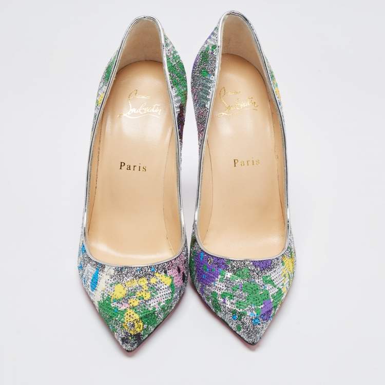 Pre Owned Christian Louboutin Multicolor Sequins and Brocade Fabric Pigalle Follies Pointed Toe Pumps Size 38