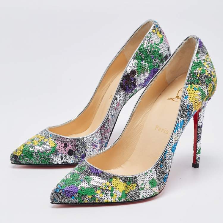 Pre Owned Christian Louboutin Multicolor Sequins and Brocade Fabric Pigalle Follies Pointed Toe Pumps Size 38