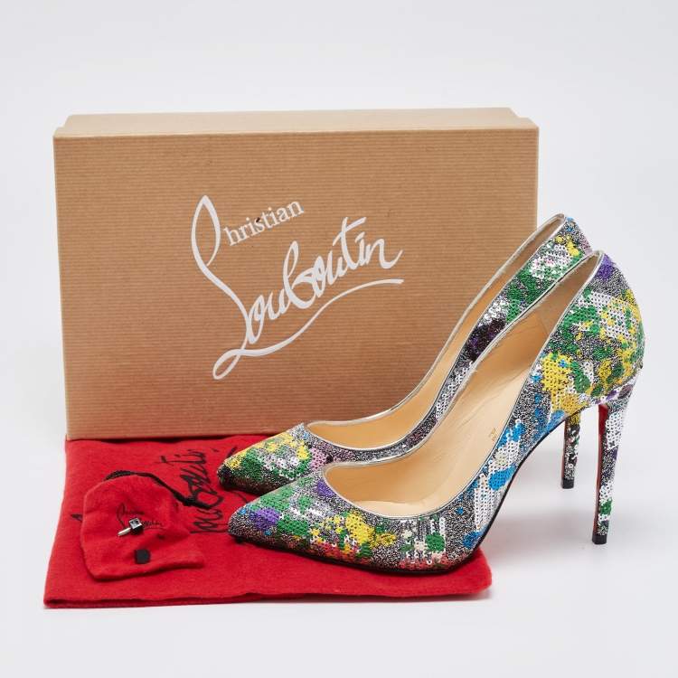 Pre Owned Christian Louboutin Multicolor Sequins and Brocade Fabric Pigalle Follies Pointed Toe Pumps Size 38