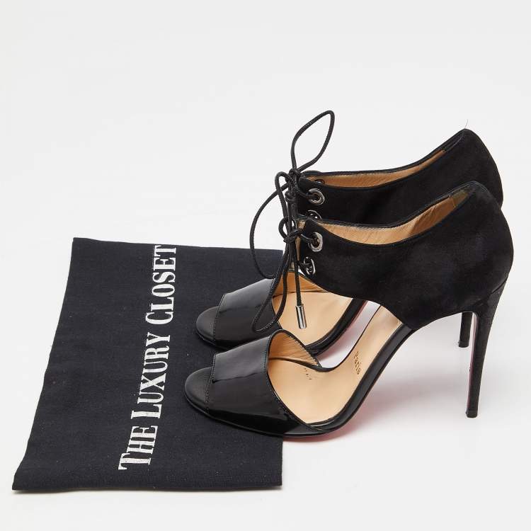 Pre Owned Christian Louboutin Black Suede and Patent Mayerling  Lace Up Sandals Size 36.5