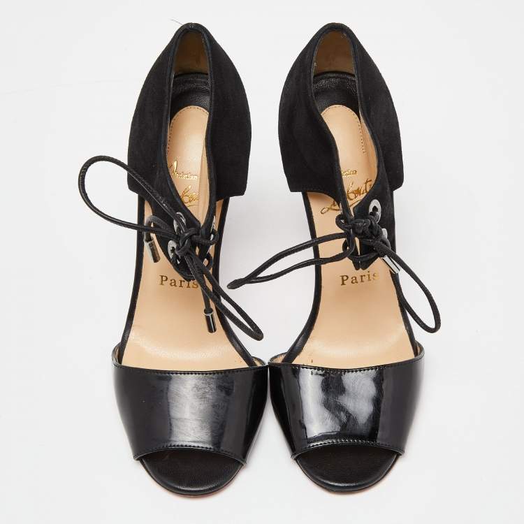 Pre Owned Christian Louboutin Black Suede and Patent Mayerling  Lace Up Sandals Size 36.5