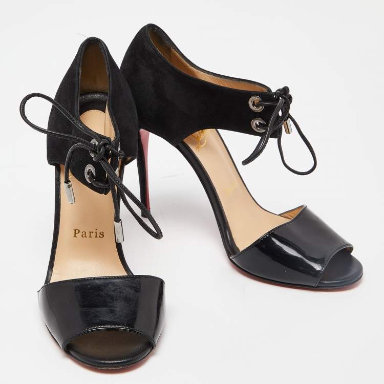 Pre Owned Christian Louboutin Black Suede and Patent Mayerling  Lace Up Sandals Size 36.5