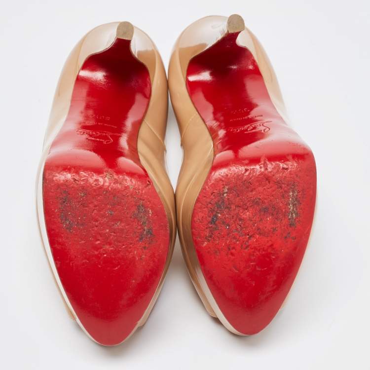 Pre Owned Christian Louboutin Beige Patent Leather Lady Peep Platform Pumps Size 36.5
