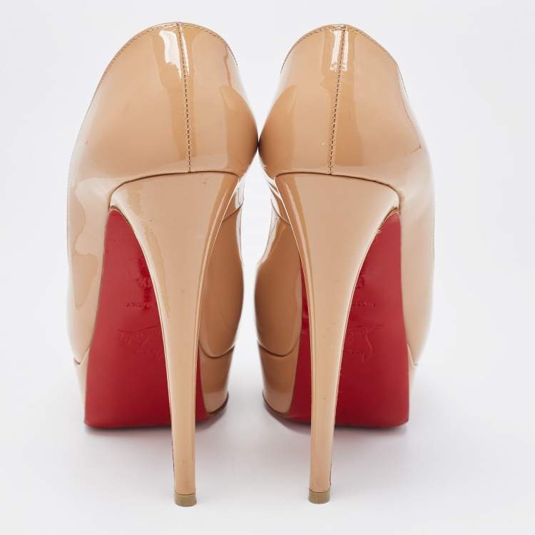 Pre Owned Christian Louboutin Beige Patent Leather Lady Peep Platform Pumps Size 36.5