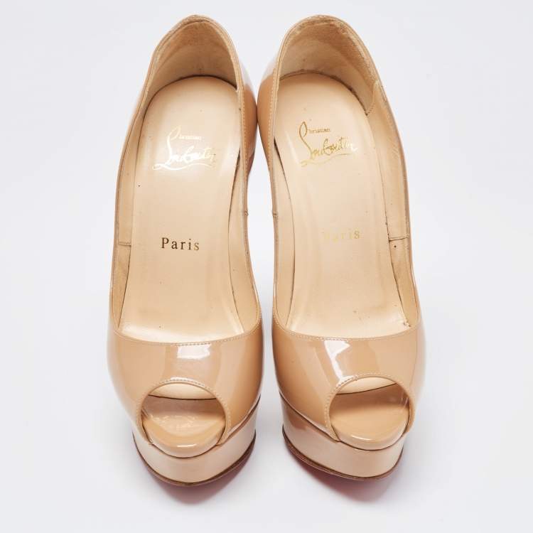 Pre Owned Christian Louboutin Beige Patent Leather Lady Peep Platform Pumps Size 36.5