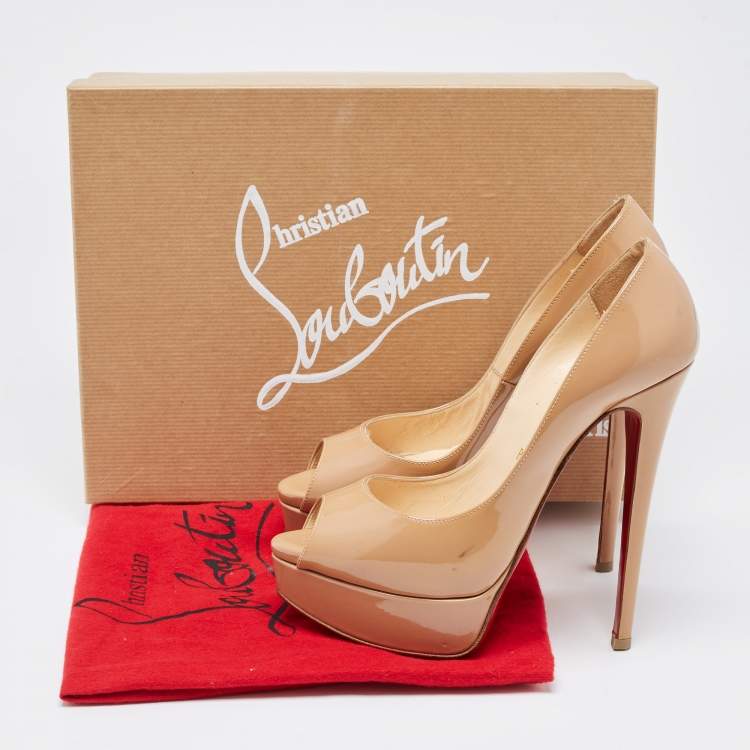 Pre Owned Christian Louboutin Beige Patent Leather Lady Peep Platform Pumps Size 36.5