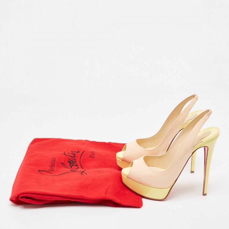 Pre Owned Christian Louboutin Beige/Yellow Patent Leather Lady Peep Slingback Pumps Size 36.5