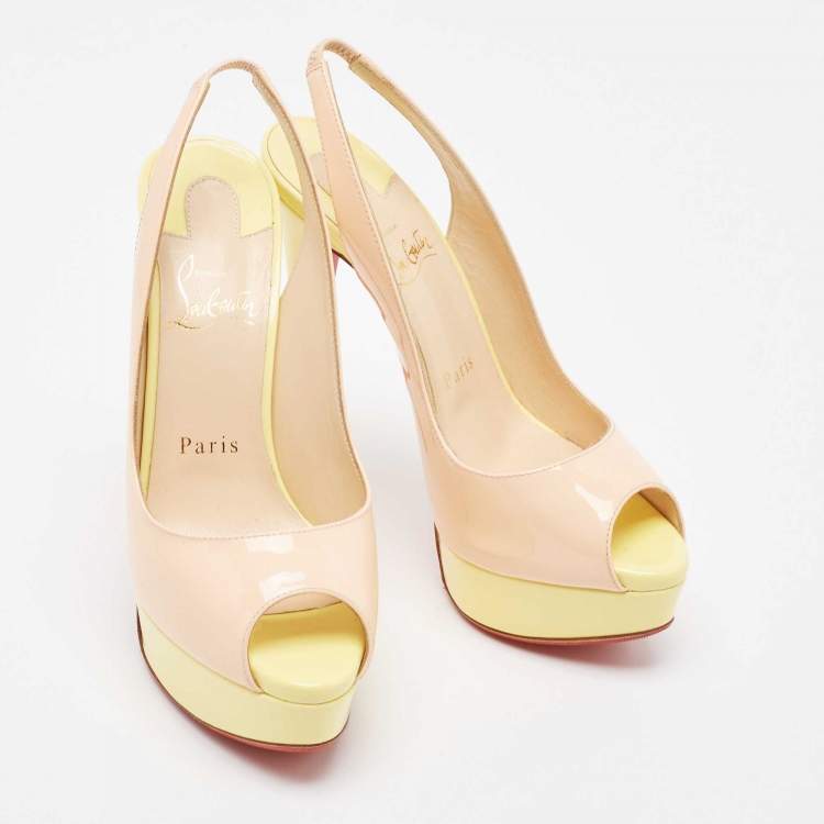 Pre Owned Christian Louboutin Beige/Yellow Patent Leather Lady Peep Slingback Pumps Size 36.5
