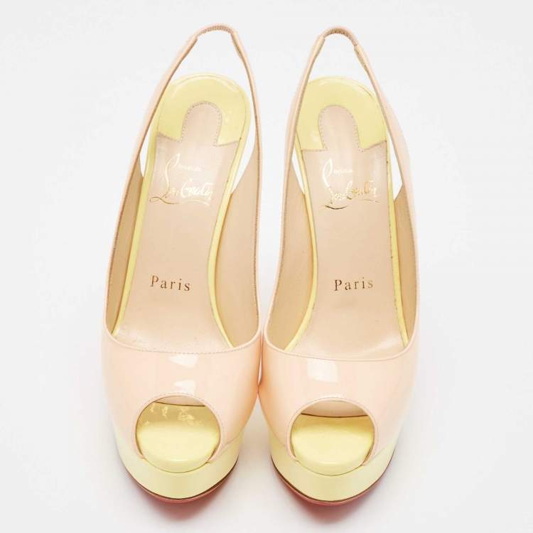 Pre Owned Christian Louboutin Beige/Yellow Patent Leather Lady Peep Slingback Pumps Size 36.5