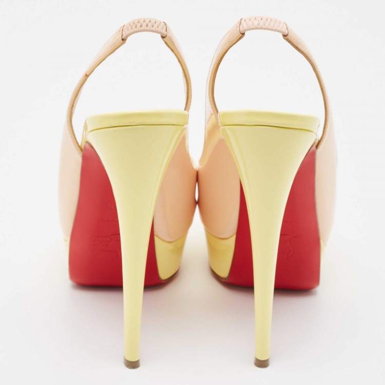 Pre Owned Christian Louboutin Beige/Yellow Patent Leather Lady Peep Slingback Pumps Size 36.5