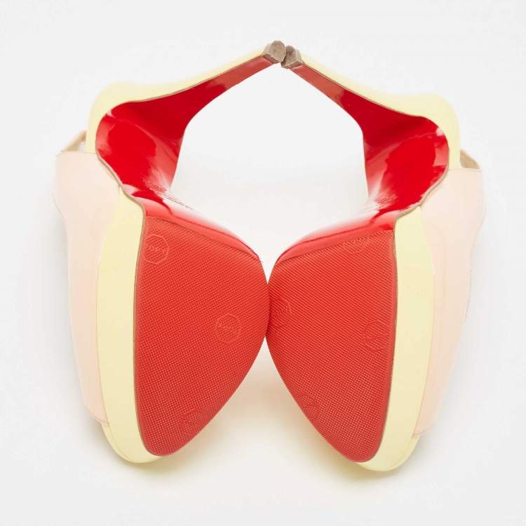 Pre Owned Christian Louboutin Beige/Yellow Patent Leather Lady Peep Slingback Pumps Size 36.5