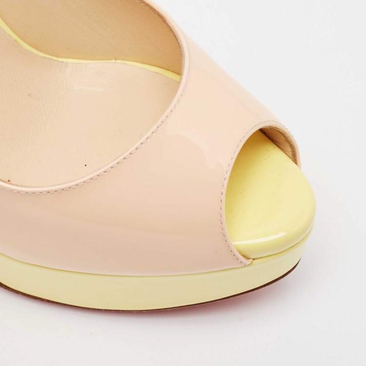 Pre Owned Christian Louboutin Beige/Yellow Patent Leather Lady Peep Slingback Pumps Size 36.5