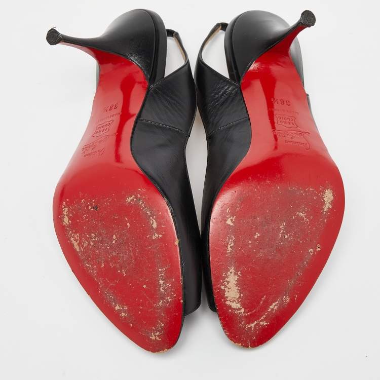 Pre Owned Christian Louboutin Black Leather Peep Toe Slingback Pumps Size 38.5