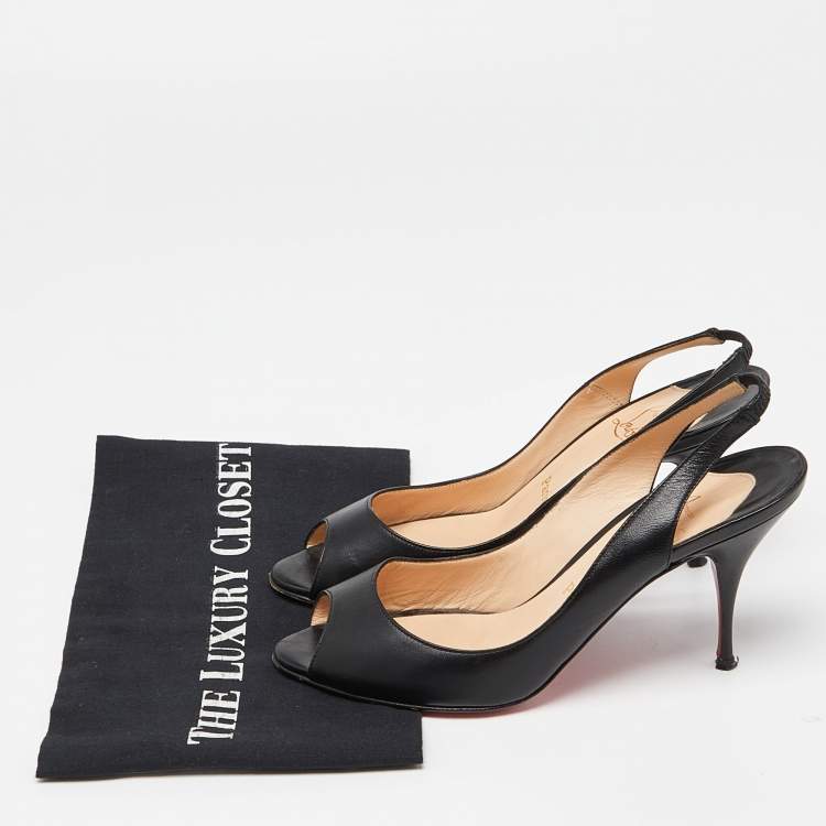 Pre Owned Christian Louboutin Black Leather Peep Toe Slingback Pumps Size 38.5
