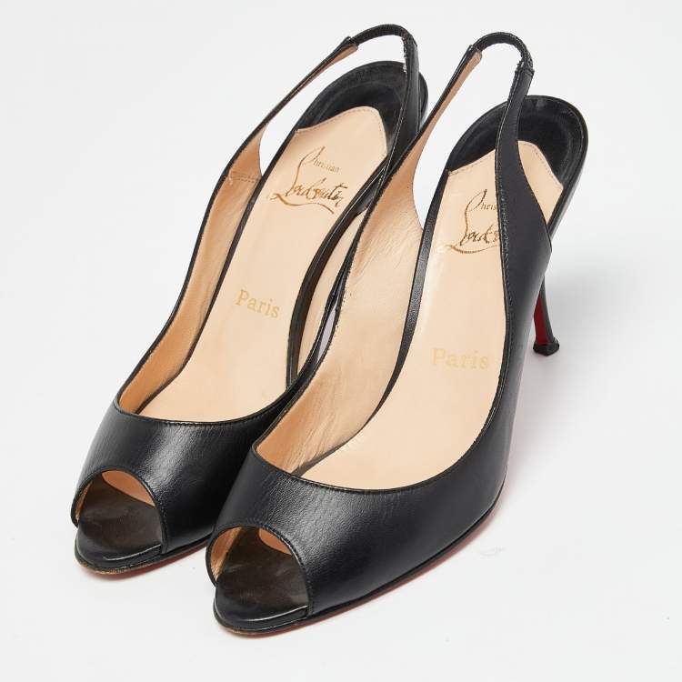 Pre Owned Christian Louboutin Black Leather Peep Toe Slingback Pumps Size 38.5