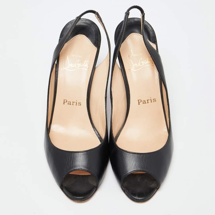Pre Owned Christian Louboutin Black Leather Peep Toe Slingback Pumps Size 38.5