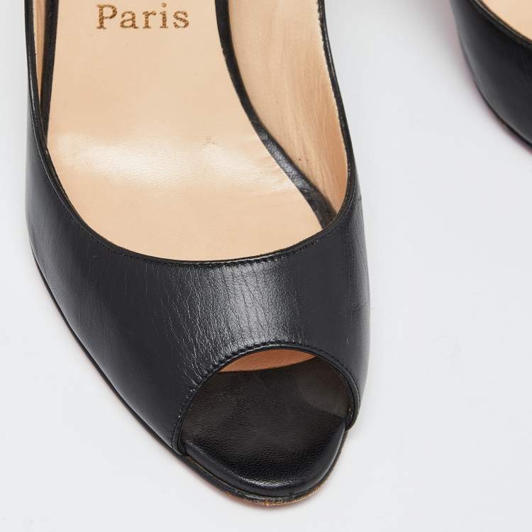 Pre Owned Christian Louboutin Black Leather Peep Toe Slingback Pumps Size 38.5