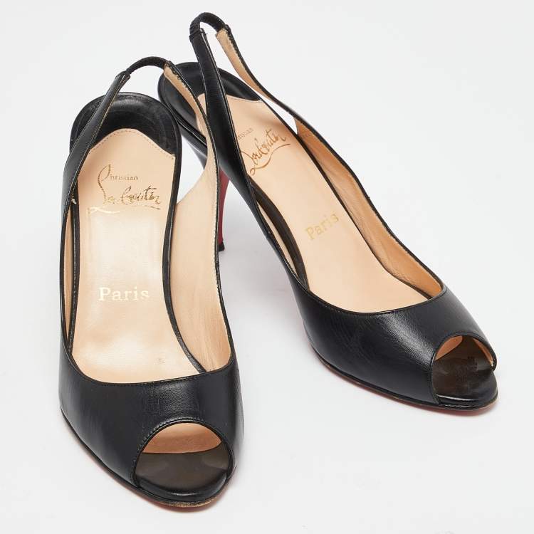 Pre Owned Christian Louboutin Black Leather Peep Toe Slingback Pumps Size 38.5