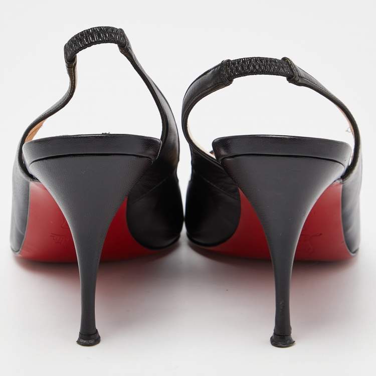 Pre Owned Christian Louboutin Black Leather Peep Toe Slingback Pumps Size 38.5