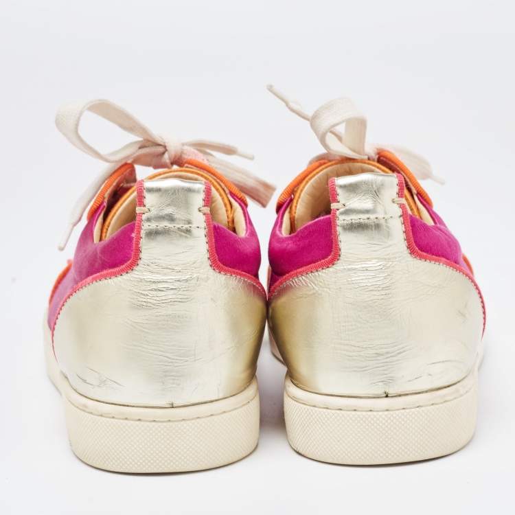 Pre Owned Christian Louboutin Multicolor Satin And Leather Spikes Low Top Sneakers Size 38.5