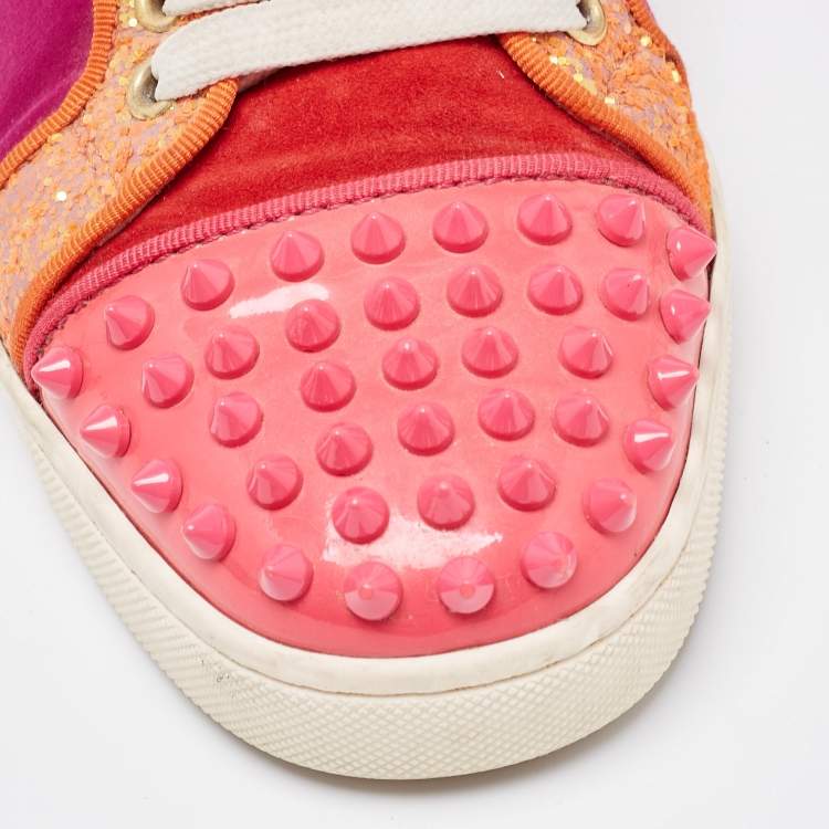 Pre Owned Christian Louboutin Multicolor Satin And Leather Spikes Low Top Sneakers Size 38.5