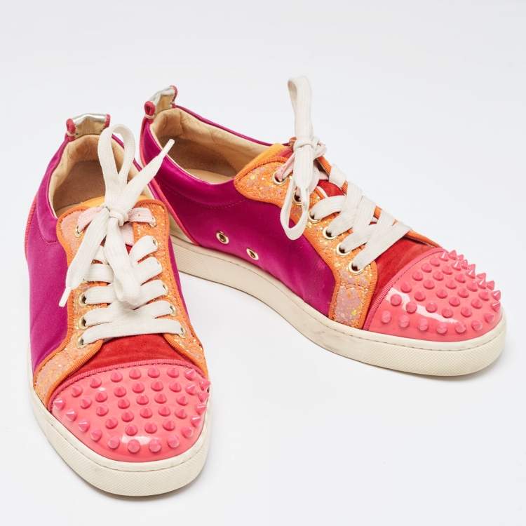 Pre Owned Christian Louboutin Multicolor Satin And Leather Spikes Low Top Sneakers Size 38.5